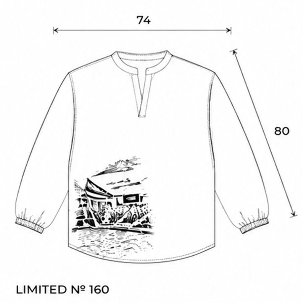 Technical sketch of the Manomento Canvas Shirt with measurements