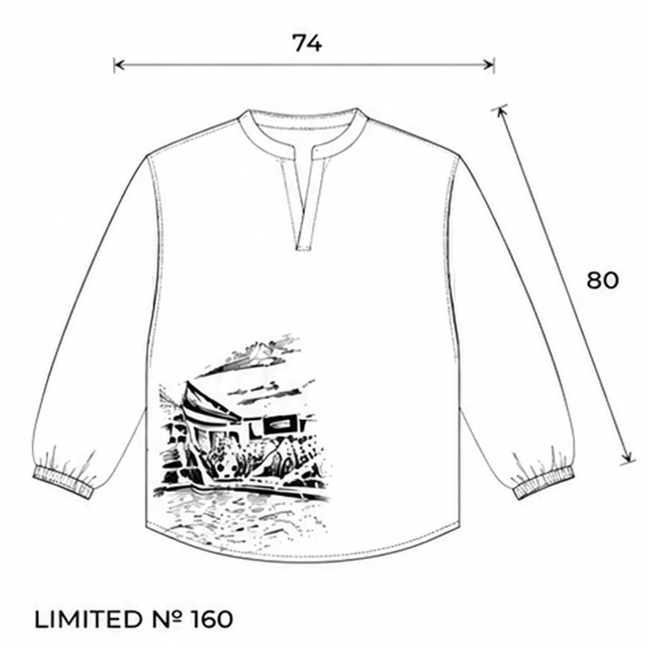 Technical sketch of the Manomento Canvas Shirt with measurements